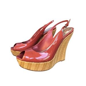 Women's GUCCI Coral Patent Leather Wedge Sandals Shoes Size 9